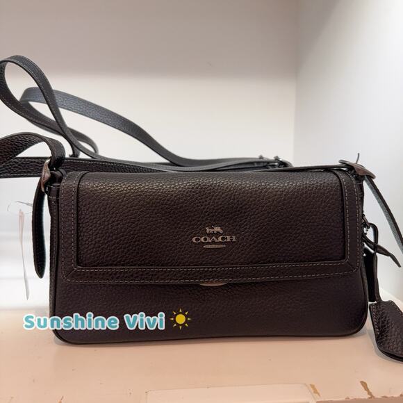 NWT Coach Etta Small Flap Shoulder Bag in Gunmetal/Black CCV64 Leather - Picture 1 of 5